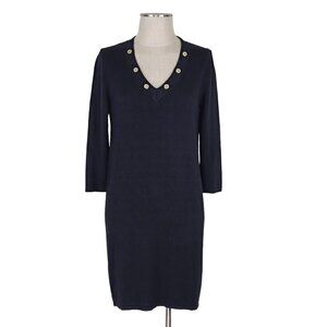 Catherine Malandrino Sweater Dress Size L Grommet V Neck 3/4 Sleeve Black Knit